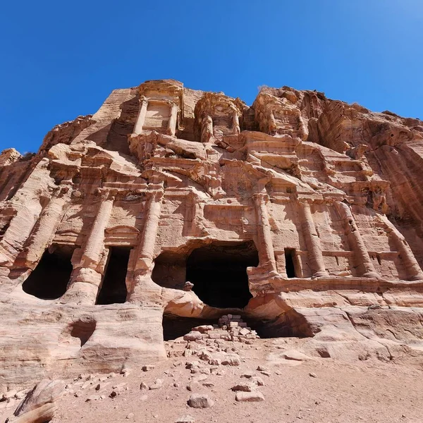 Una Toma Bajo Ángulo Del Antiguo Khazneh Petra Jordania Bajo — Foto de Stock