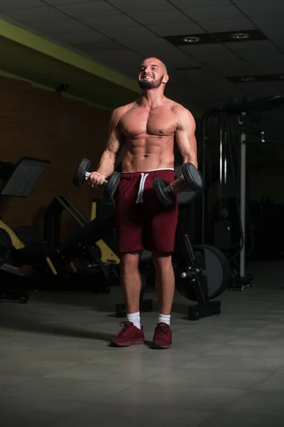 Caucasian Good Looking Attractive Male Exercising Weight Dumbbells Training Gym — Stock Photo, Image