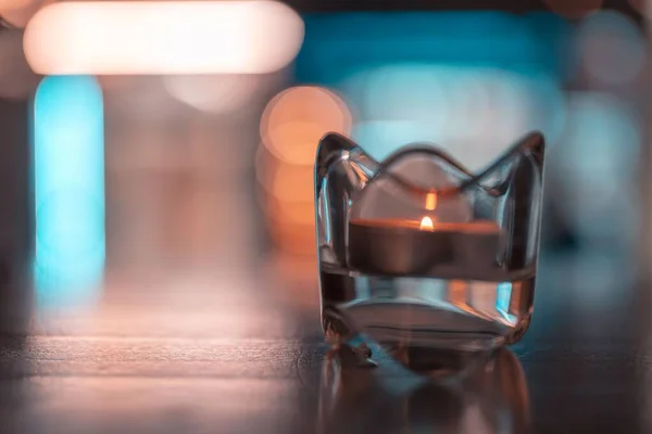 Closeup Romantic Tealight Dark Table — Stock Photo, Image