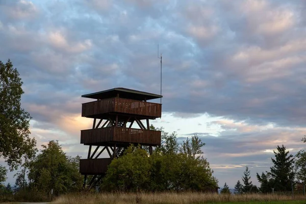 Ein Dreistöckiger Aussichtsturm Umgeben Von Bäumen Auf Einem Feld — Stockfoto