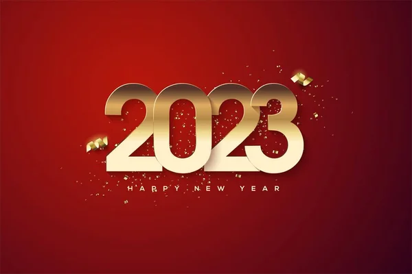 2023 Щаслива Новорічна Текстура Красивими Золотими Цифрами Прикрасами Червоному Тлі — стокове фото