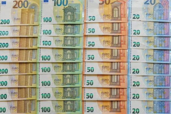 Ujęcie Zbliżeniowe Banknotów Euro Ułożonych Kolejności — Zdjęcie stockowe