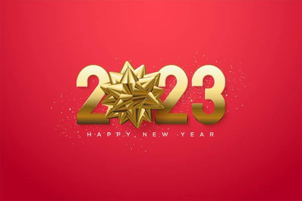 2023 New Year Golden Color Gold Ribbon Red Background — 图库照片