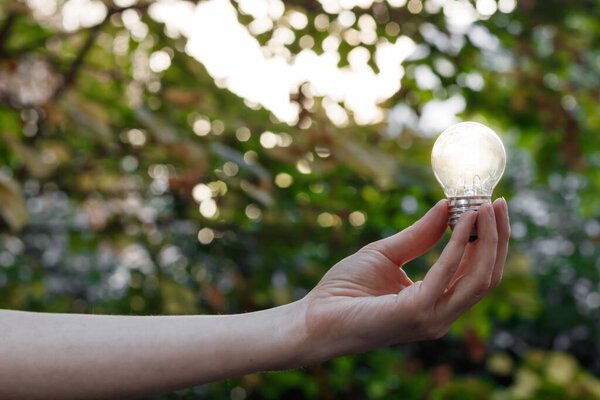 A woman's hand holding a lit lightbulb against a bokeh, nature background - concept of having an idea