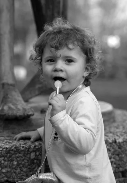 Cute Little Girl Holding Lollipop Very Happy Halle Der Saale — Stock Photo, Image