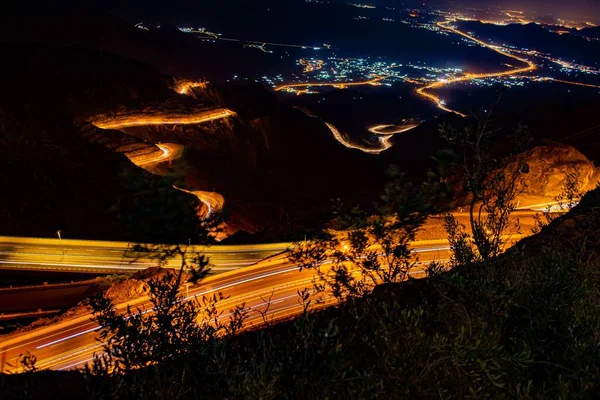 High Angle View Long Exposure Shots Lights Highway Night — Stock Photo, Image