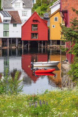 Norveç, Sogndalsstrand 'da renkli binaların dikey görüntüsü