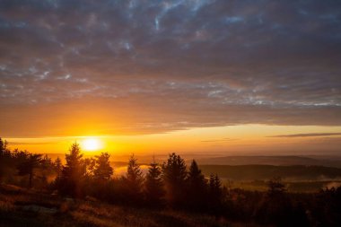 Gün batımında dağdaki ormanın hava görüntüsü.