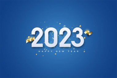 3D numara 2023 mutlu bir yeni yıl. Parıltısı ve yıldızları mavi arka planda.