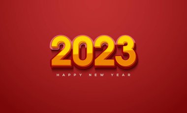 Mutlu bir yeni yıl 2023 sosyal medya posteri. Kırmızı arka planda izole edilmiş klasik altın rakamlar.