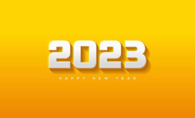 happy new year 2023 in white on yellow background