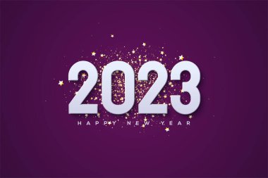 2023 'ün yeni yılı için güzel bir duvar kâğıdı tasarımı. Yıldızlar ve mor arka planda parıltı.