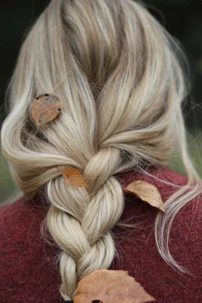 Een Gevlochten Blonde Vrouw Haar Met Herfst Gekleurde Bladeren — Stockfoto