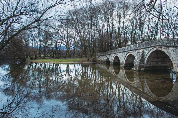 Kemer Gibi Köprü Yaprak Döken Ağaçlar Suya Yansıyor — Stok fotoğraf