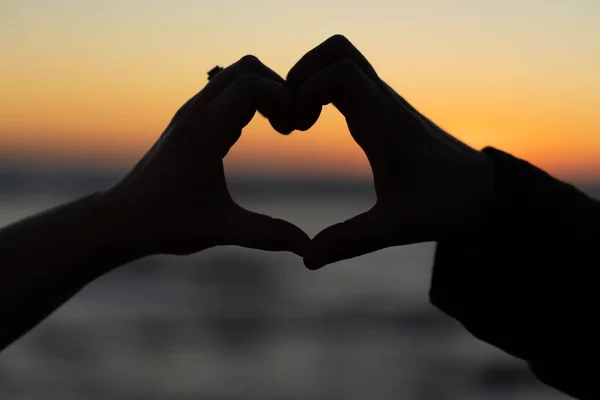 Silhouette Hands Making Heart Sunset Sky — Stock Photo, Image