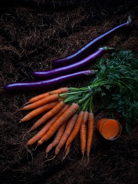 Vertical Shot Composition Fresh Carrots Eggplants Dark Soil Background — Stock Photo, Image