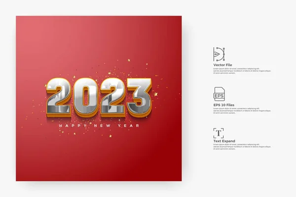 赤い背景に銀の数字が孤立した2023幸せな新年のソーシャルメディアのポスター — ストック写真