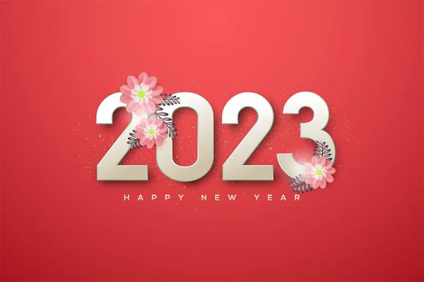 Šťastný Nový Rok 2023 Karta Květinami Červeném Pozadí — Stock fotografie