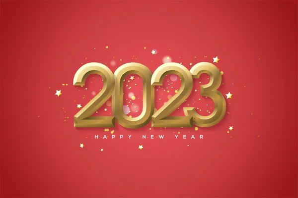 Número Ouro Feliz Ano Novo 2023 Com Brilhos Fundo Vermelho — Fotografia de Stock