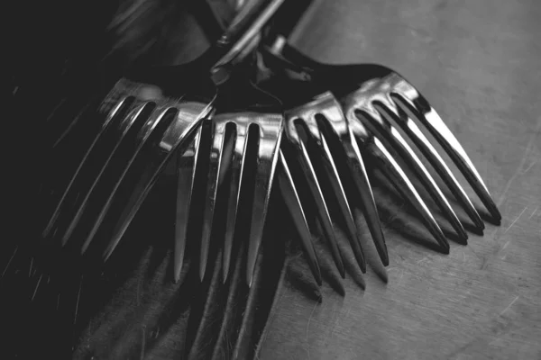 Grayscale Closeup Stainless Steel Forks Top Each Other — Stock Photo, Image