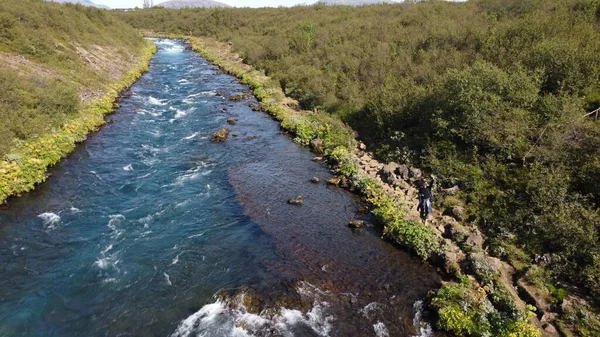 Drone Shot Hiker Standing Rocks Bruara River Bank Sunny Day — Stock Photo, Image