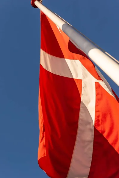 Vertical Shot Danish Flag Sky Sunny Day — Stock Photo, Image