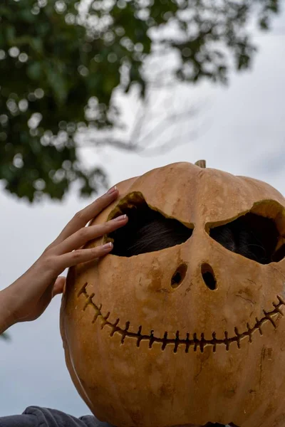 Vertical Shot Person Wearing Big Pumpkin Head Concept Harvesting Mexico — Stock Photo, Image