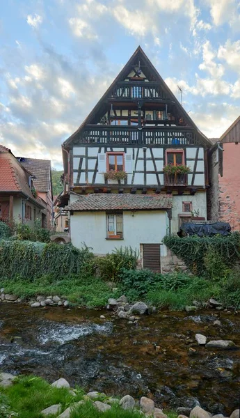 Una Vista Vertical Panorámica Casas Tradicionales Arbustos Siempreverdes Alsacia Francia — Foto de Stock