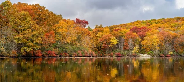秋天的风景 湖面映衬着黄红两色的树木 背景是多云的天空 — 图库照片