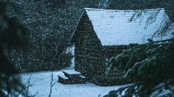 カナダのウィスラーで雪に覆われた木造の家の美しい景色 — ストック写真