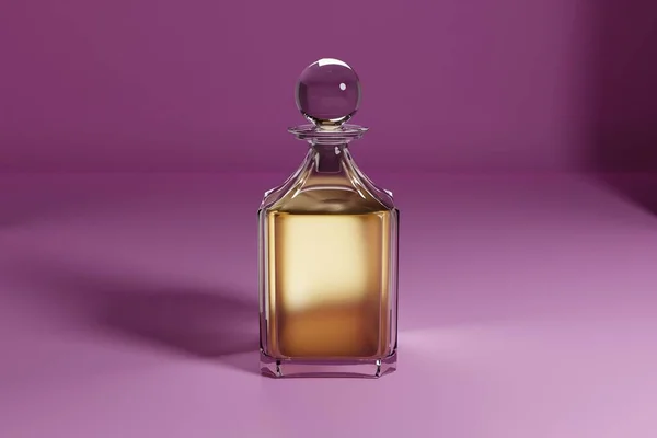 明るい紫色の表面に美しい透明ボトルの香水の閉鎖 — ストック写真