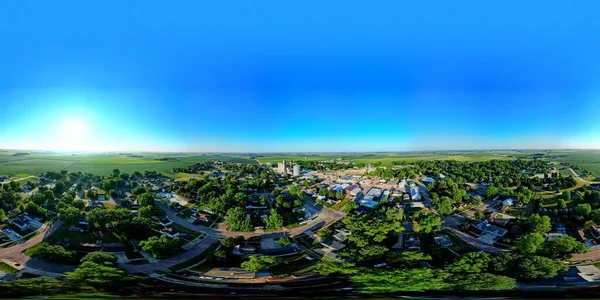 Aerial Panoramic View Small Town Lush Green Trees Fields Blue — Stock Photo, Image