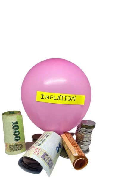 Φουσκωμένο Μπαλόνι Λέξη Πληθωρισμός Κολλήσει Αυτό Κέρματα Ρουπίας Σρι Λάνκα — Φωτογραφία Αρχείου