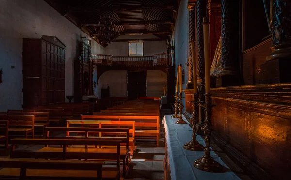 Interior Church Saint Pete Vilaflor Entrance Benches Dark Tones — Stock Photo, Image