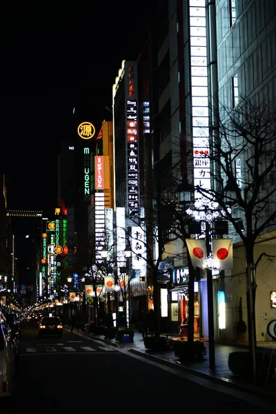 Plano Vertical Edificios Iluminados Una Carretera Por Noche Ginza Tokio — Foto de Stock