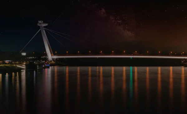 Night View Beautiful River Danube Bridge Lights Reflected Waters Bratislava — Stock Photo, Image