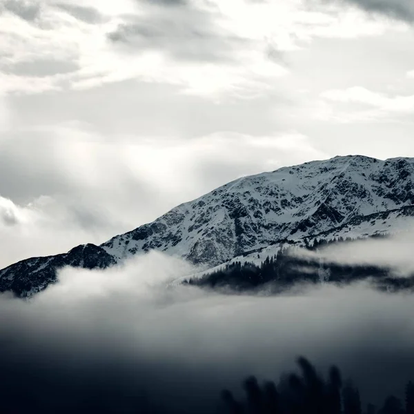Grayscale View Snowy Steinbergstein Mountain Foggy Day Cloudy Sky Kitzbuhel — Stock Photo, Image