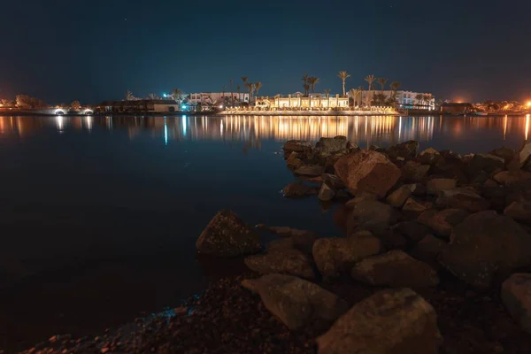 Piękna Długa Ekspozycja Laguny Gouna Widokiem Hotel Nocy — Zdjęcie stockowe