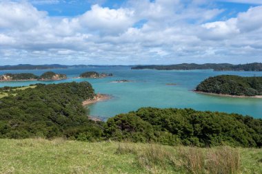 Güneş ışığı adalar körfezi büyüleyici bir deniz manzarası ve çimlerle kaplı bir plaj.