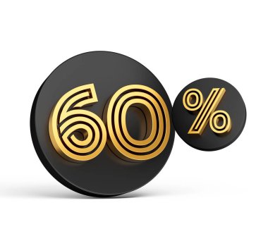 Beyaz arkaplanda izole edilmiş siyah bir düğme simgesi üzerinde% 60 'lık altın rengin 3D yansıması.