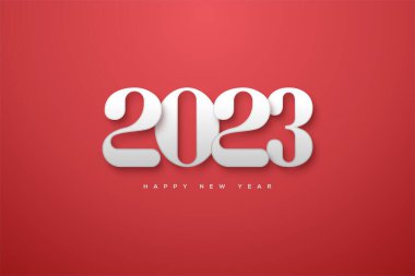 Kırmızı zemin üzerinde 2023 numaralı gümüş 3D mutlu yeni yılın bir çizimi.