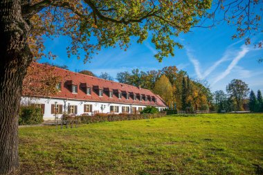 Kırmızı çatılı ve önünde ağaç olan beyaz bir ev.