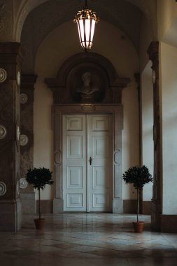 Güzel tasarlanmış antik bir sarayın beyaz kapılarının dikey hali.