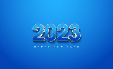 Mavi arka planda 2023 numaralı mutlu bir yeni yıl.