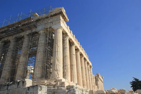 Kilátás Fenséges Parthenon Tiszta Kék Háttér Görögország — Stock Fotó