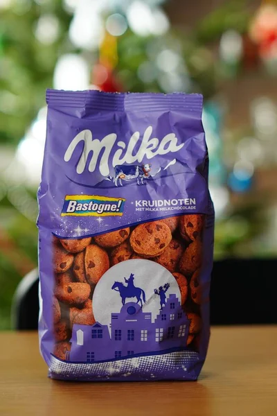 Soft Focus Bag Dutch Milka Brand Bastogne Spiced Cookies Table — Stock Photo, Image