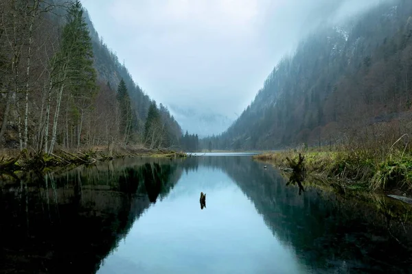 Uma Bela Cena Natureza Lago Alpsee Cercado Por Montanhas Com — Fotografia de Stock