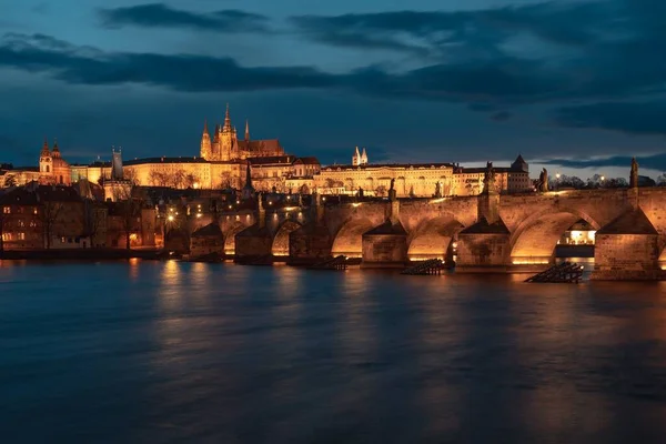 Vitus Cathedral Charles Bridge Sunset Prague Night — Stock Photo, Image