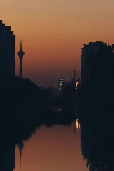 Een Verticaal Shot Van Het Silhouet Van Tianjin Tower Het — Stockfoto
