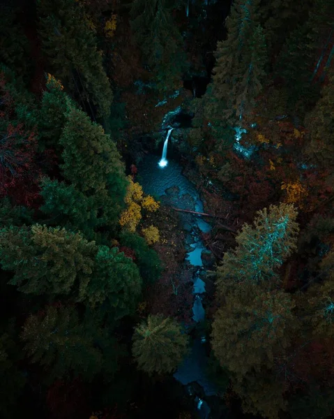 オレゴン州の夜の間に撮影された銀の滝州立公園の魅惑的な空中ビュー — ストック写真